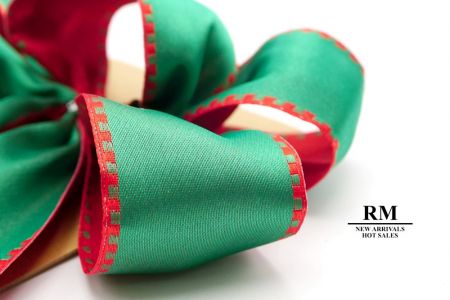 Green and Red Stitch Edge 5 Loops Ribbon Bow_BW637-W743-10